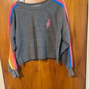 Aviator Nation Gray semi crop Crew with neon Stripes